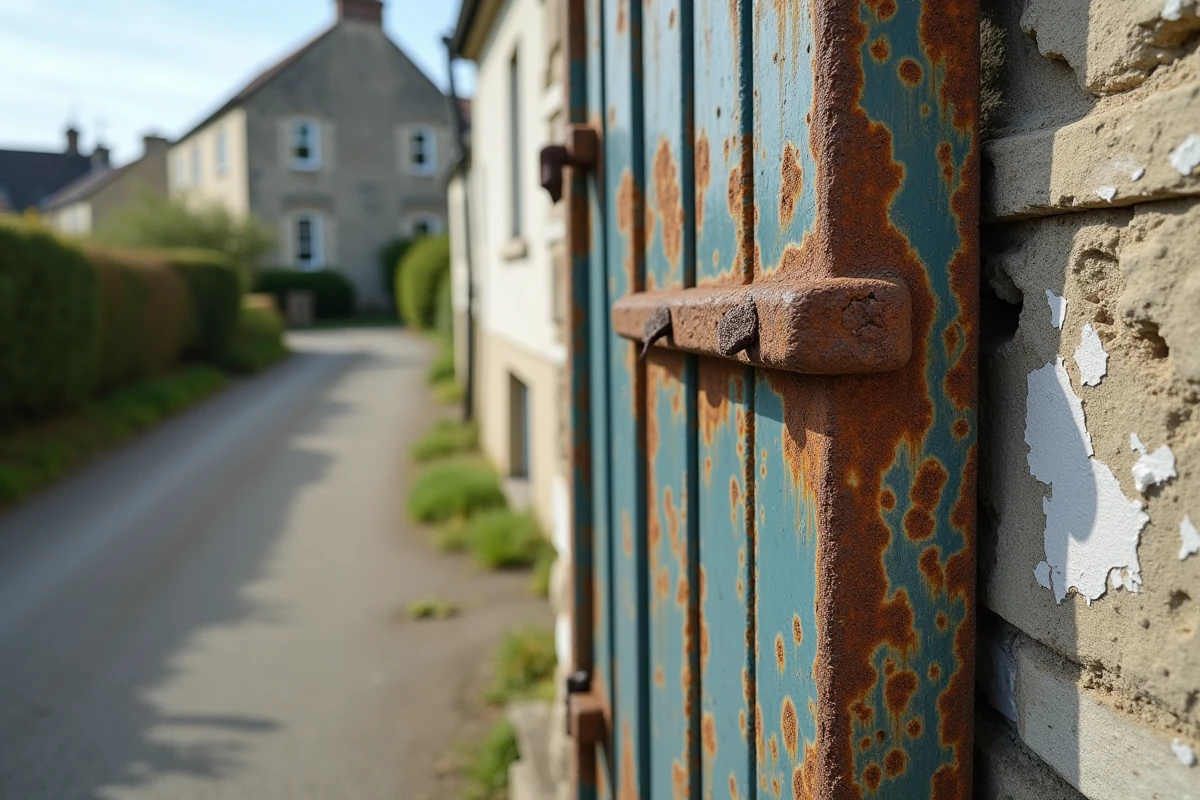 Portail en fer rouillé et mur en pierre avec dépôts de sel et embruns d'une propriété côtière normande