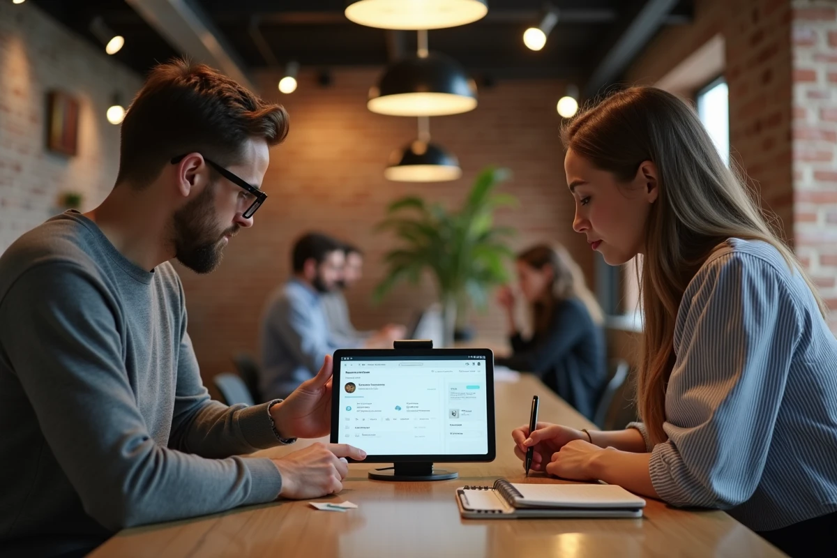 Deux personnes explorant ensemble la nouvelle interface du compte MyCitya sur tablette dans un espace de coworking