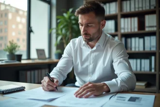 Diagnostiqueur professionnel examinant un contrat de bail commercial dans un bureau moderne avec des outils de mesure et des documents réglementaires.