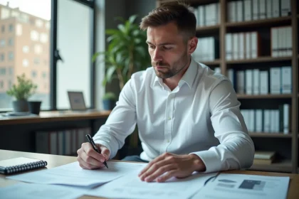 Diagnostiqueur professionnel examinant un contrat de bail commercial dans un bureau moderne avec des outils de mesure et des documents réglementaires.