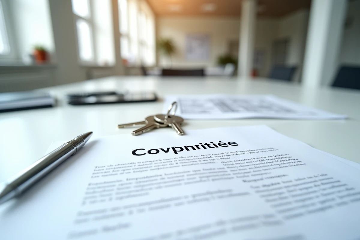 Document pré-état daté en copropriété posé sur un bureau avec des clés et un plan d'appartement