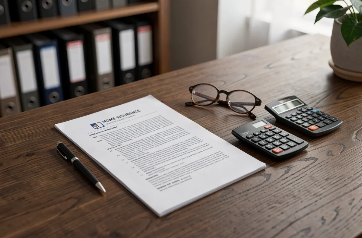 Documents d'assurance habitation posés sur un bureau en bois avec stylo et calculatrice