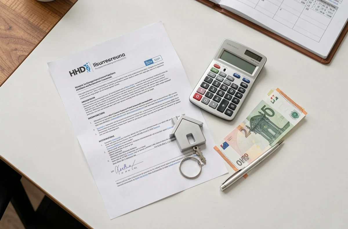 Documents d'assurance habitation avec calculatrice et billets sur un bureau