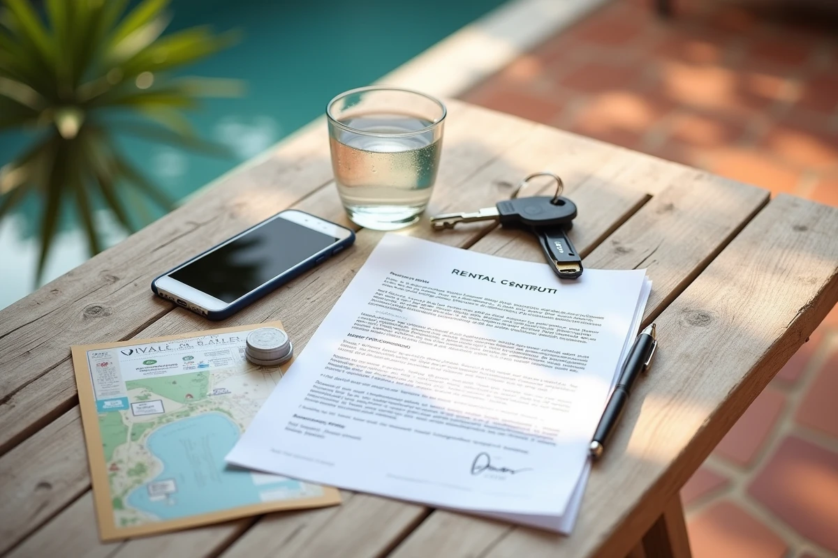 Documents de location, clés de villa et carte de Saint-Barthélemy sur une table en teck, critères à vérifier avant de signer