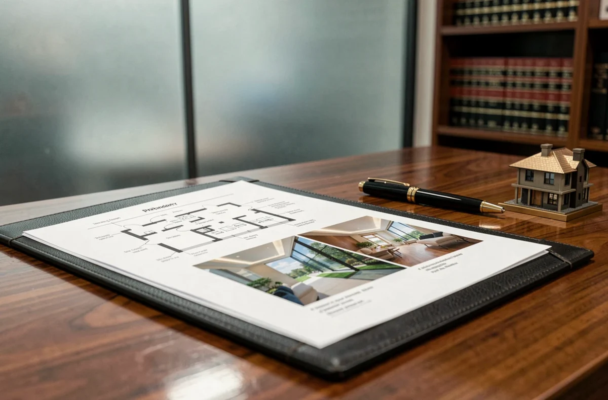 Dossier d'estimation immobilière de prestige ouvert sur un bureau en noyer avec plan et stylo de luxe