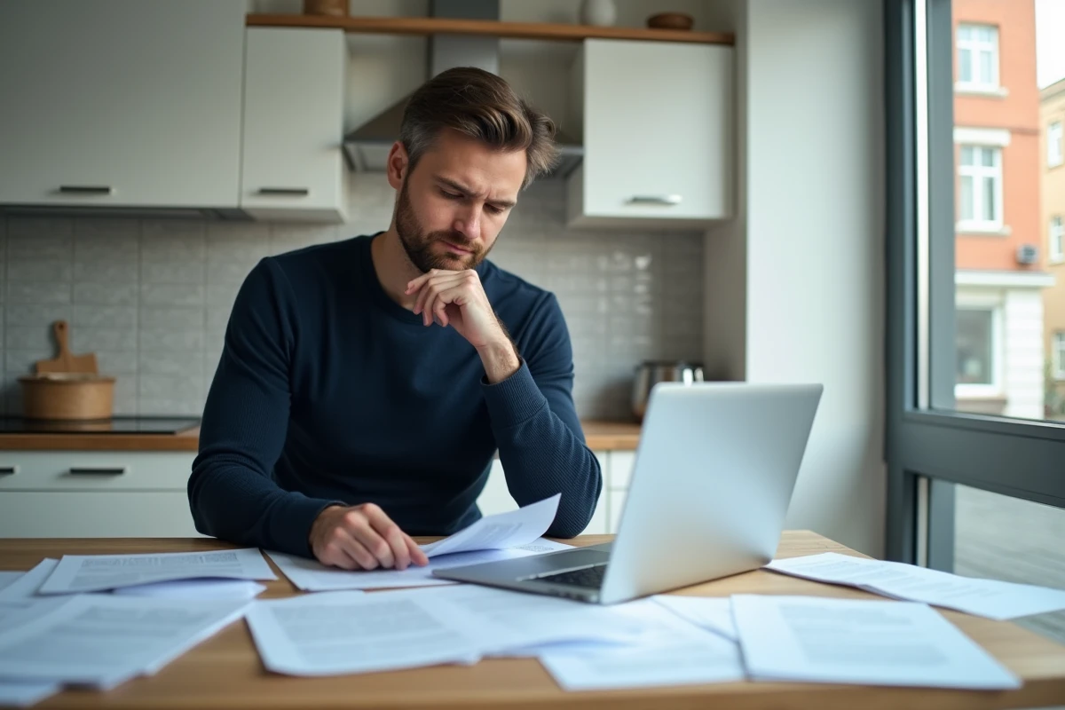Homme consultant des documents pour constituer un dossier de location avec lettre de motivation