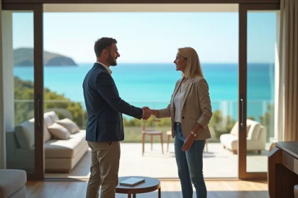 Femme et agent immobilier se serrant la main avec vue mer