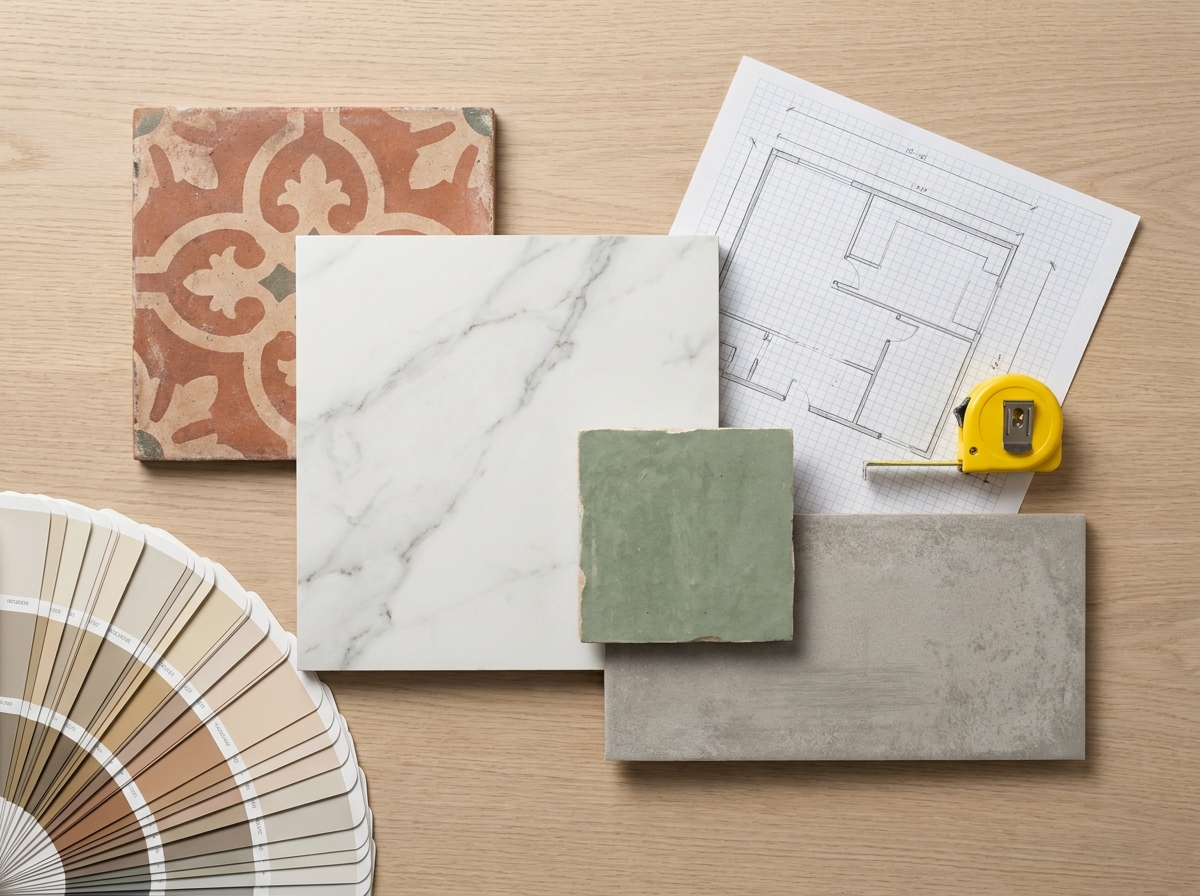 Échantillons de carrelage variés étalés sur une table en chêne avec plan de pose manuscrit et nuancier de couleurs