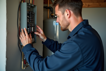 Électricien en uniforme installant un disjoncteur dans un panneau électrique