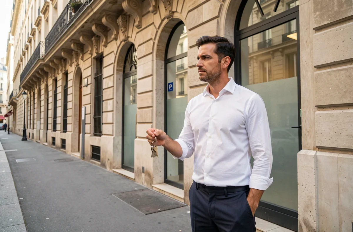 Entrepreneur devant la façade d'un local commercial à louer avenue de l'industrie, évaluant son emplacement pour un nouveau projet professionnel