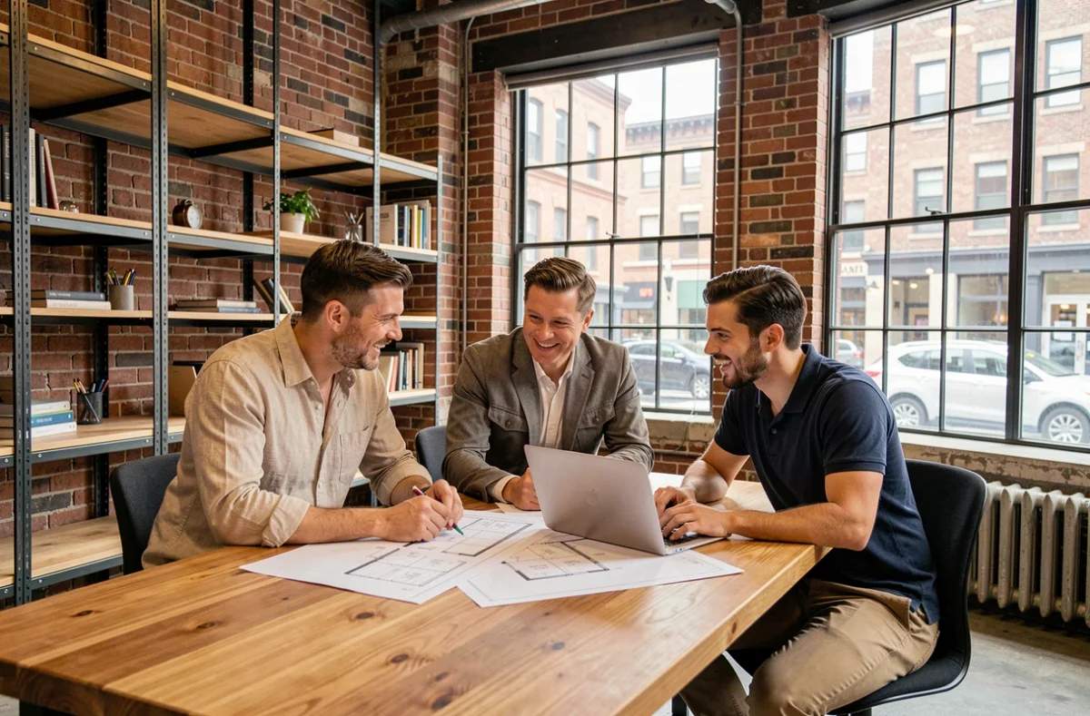 Équipe d'entrepreneurs en réunion dans un espace de coworking industriel pour planifier leur installation professionnelle avenue de l'industrie