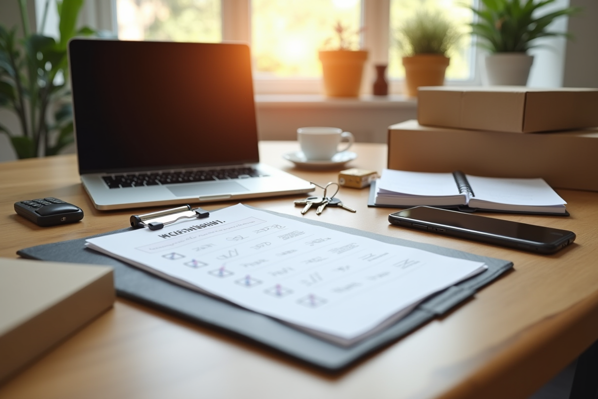Espace de travail organisé avec checklist et cartons
