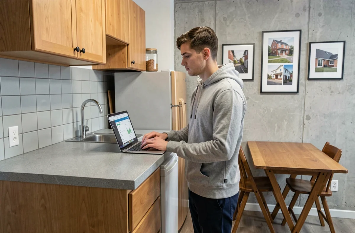 Étudiant comparant des offres d'assurance habitation meublée sur son ordinateur portable dans un studio