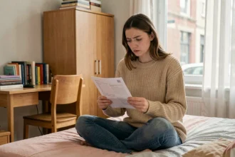 Étudiante lisant son contrat d'assurance location meublée dans son appartement étudiant