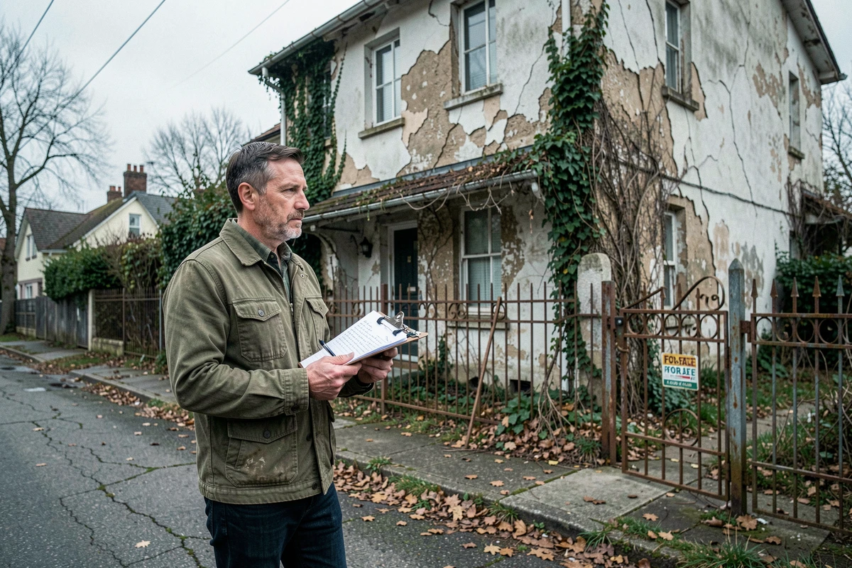 Homme évaluant une maison abandonnée délabrée avec peinture écaillée et végétation envahissante avant un achat immobilier