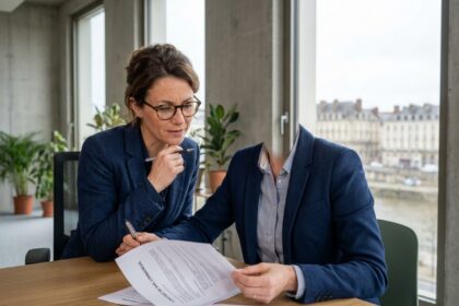 Femme professionnelle qui examine un contrat de bail dans un bureau moderne à Nantes avant de signer une location