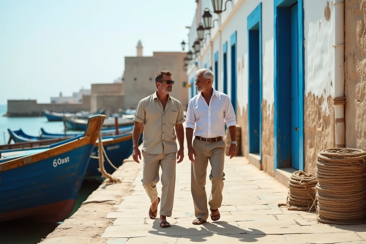 Expatrié européen et agent immobilier discutant d'une location longue durée au port d'Essaouira au bord de l'océan