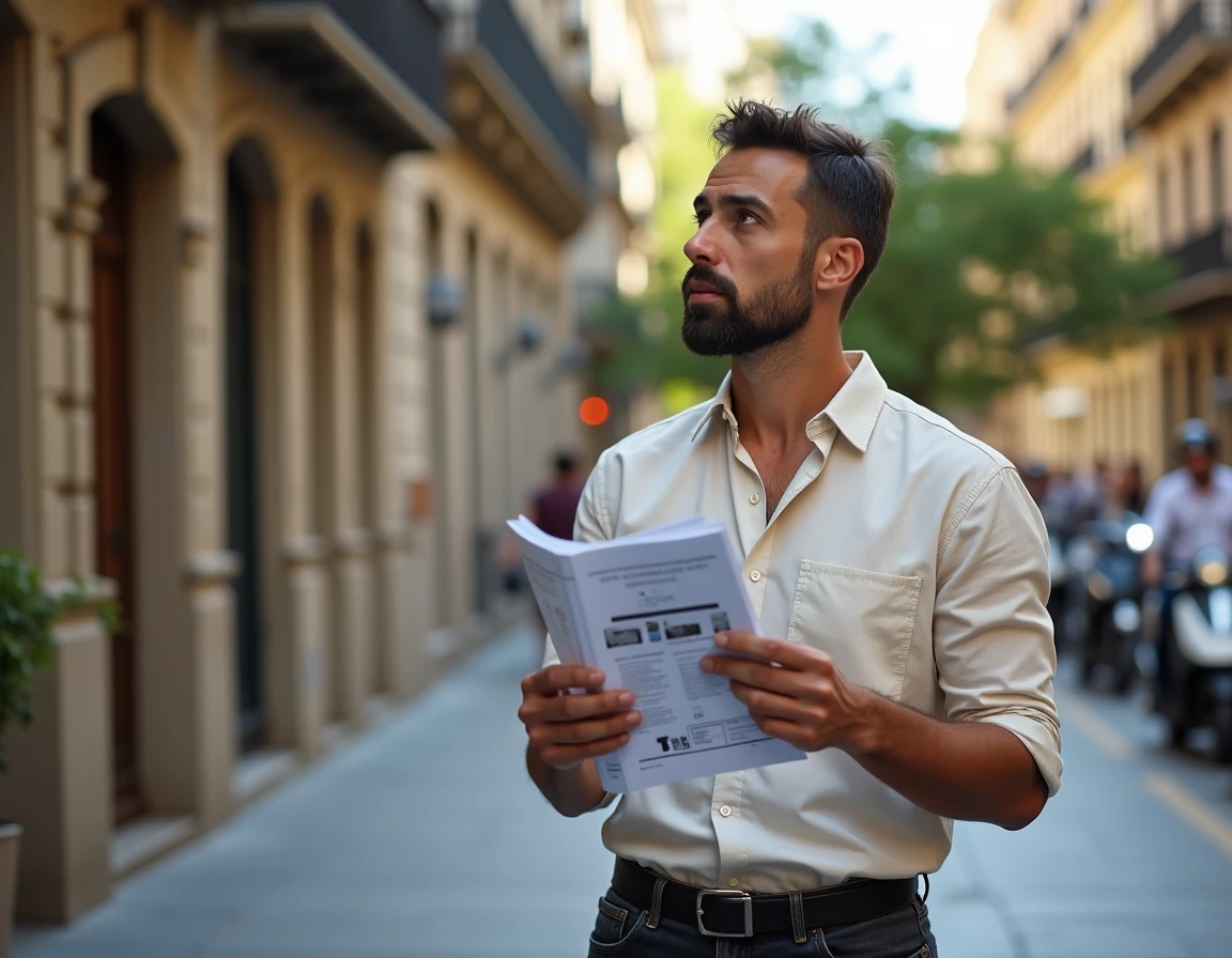 Expatrié francophone devant un immeuble Eixample à Barcelone tenant une brochure immobilière bilingue