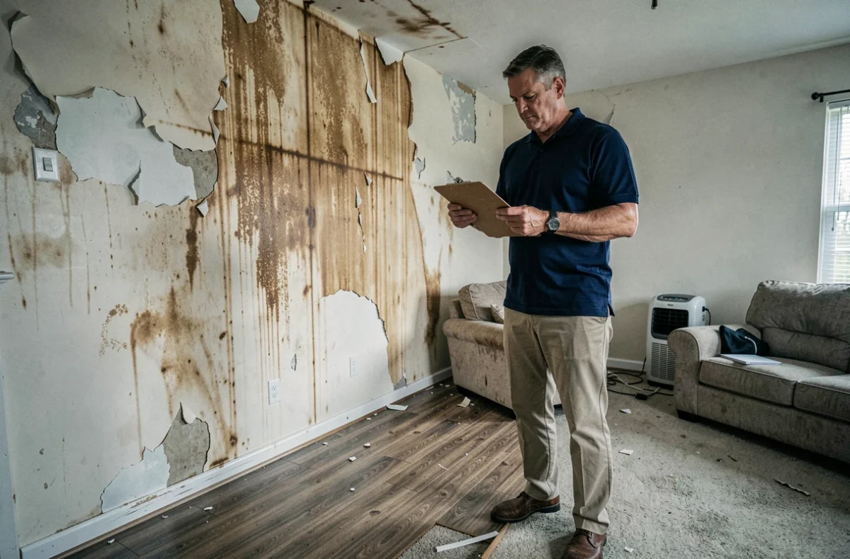 Expert en assurance inspectant des dégâts des eaux dans un salon sinistré