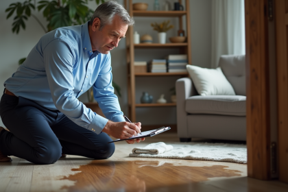 Expert en assurance examine des taches d'eau sur un sol endommagé