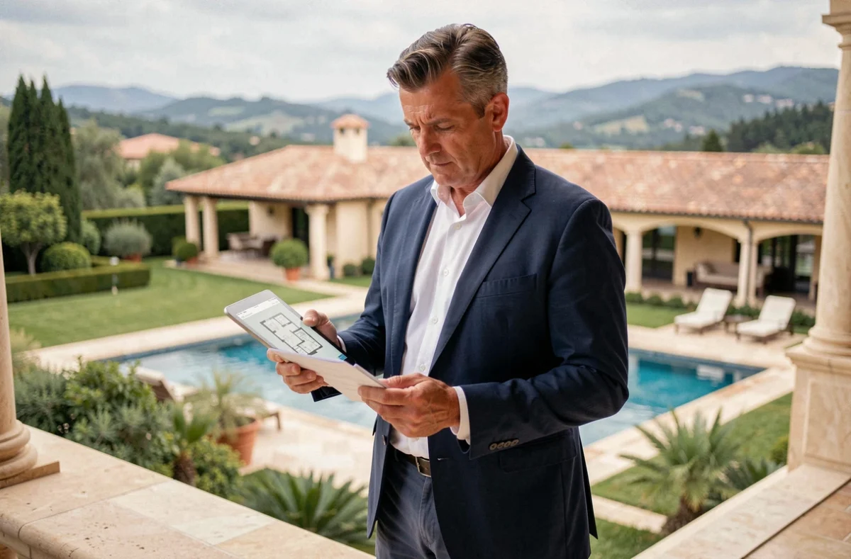 Expert immobilier en train d'évaluer une villa de luxe avec piscine et dépendances, tenant une tablette sur la terrasse