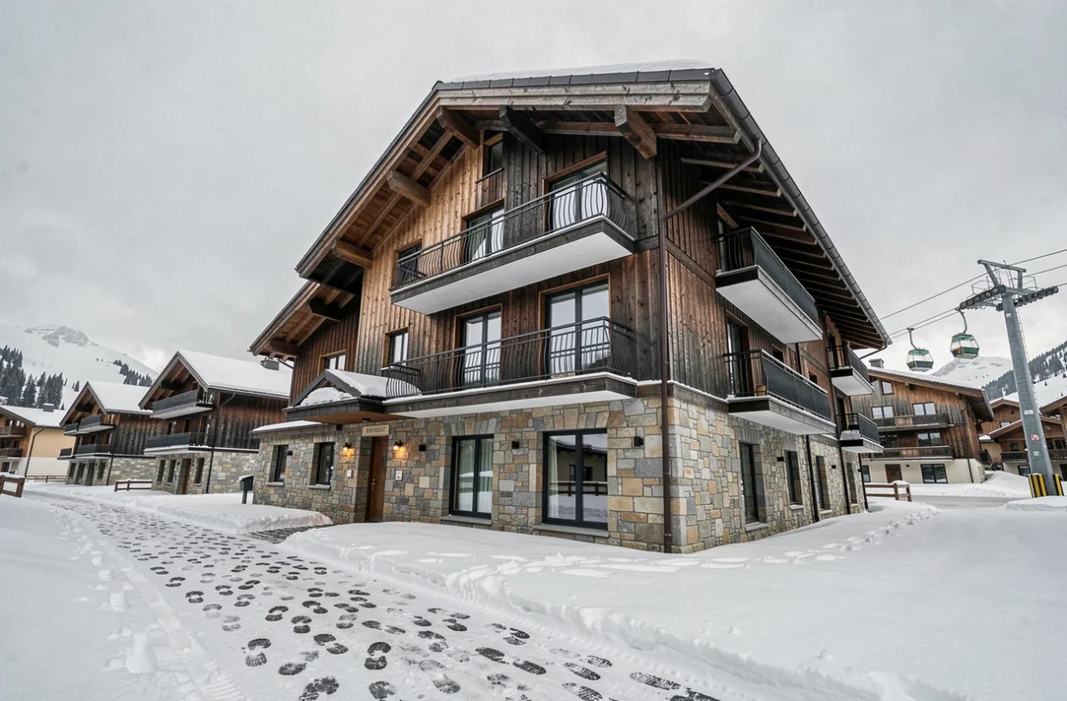 Façade d'un immeuble de résidence de ski aux Menuires en style savoyard avec neige au sol