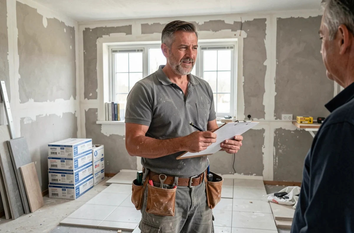 Artisan remettant une facture de rénovation cuisine à un propriétaire pour constitution du dossier de travaux déductibles