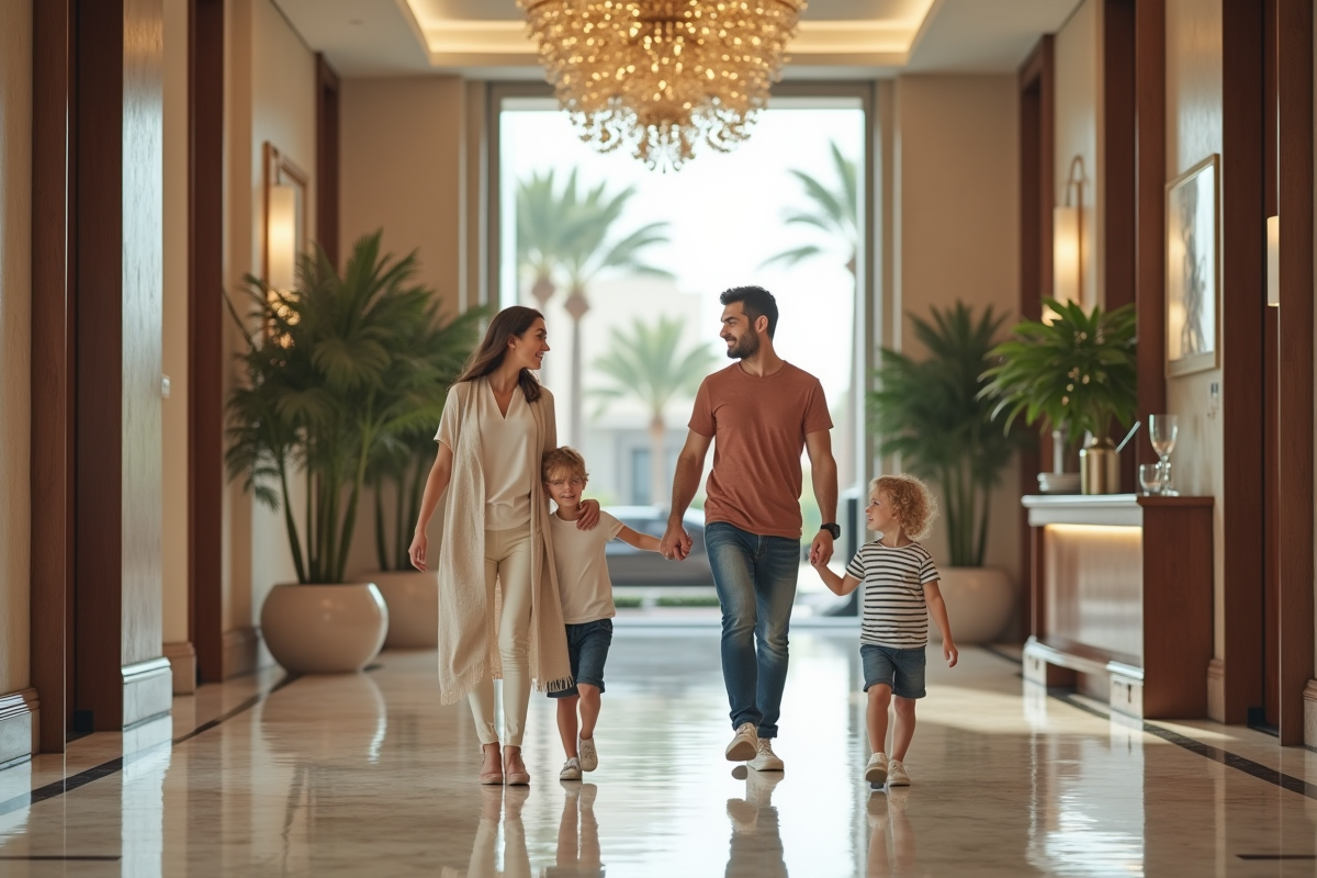 Famille européenne dans le hall d un appartement de luxe à Dubai