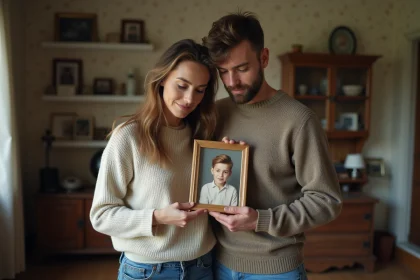 Femme et frère regardant une photo d'enfance dans le salon