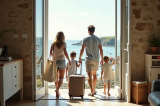 Famille arrivant dans un appartement de vacances à Concarneau avec vue sur le port breton