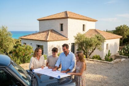 Famille souriante devant une villa moderne à Ajaccio avec vue sur la mer en arrière-plan