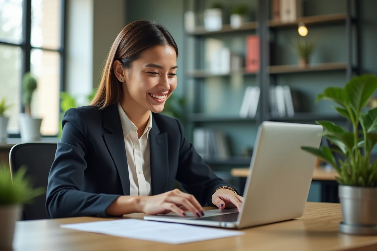 Femme d'affaires souriante utilisant un CRM sur son ordinateur