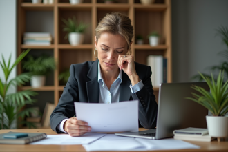 Femme d affaires examine des documents immobiliers dans un bureau moderne