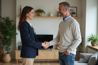 Femme d'affaires souriante serre la main d'un homme dans un salon moderne