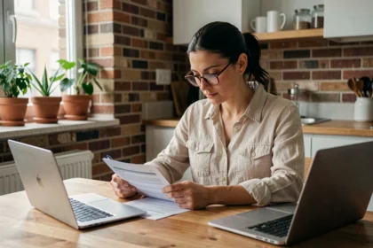 Femme consultant des documents d'assurance habitation à la table de sa cuisine dans un appartement moderne