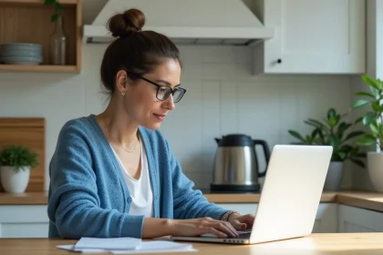 Femme concentrée travaillant sur son ordinateur dans une cuisine lumineuse