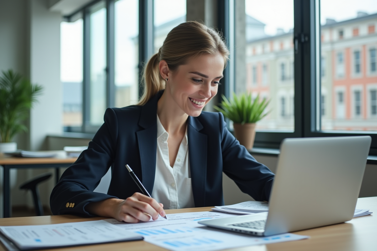 Femme d affaires au bureau examine des graphiques de revenus locatifs