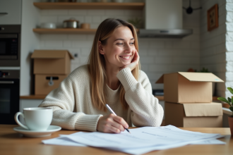 Femme en cuisine remplissant un formulaire de changement d'adresse