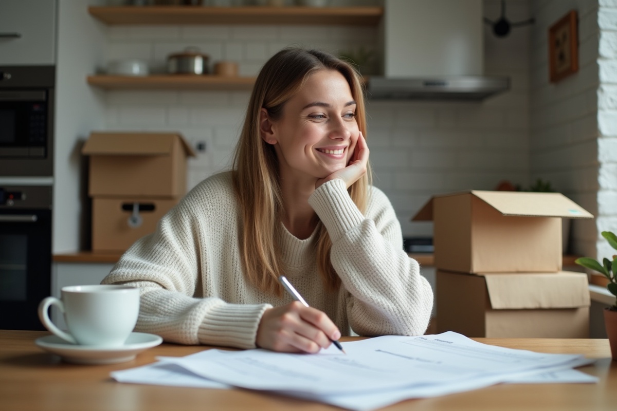 Femme en cuisine remplissant un formulaire de changement d'adresse