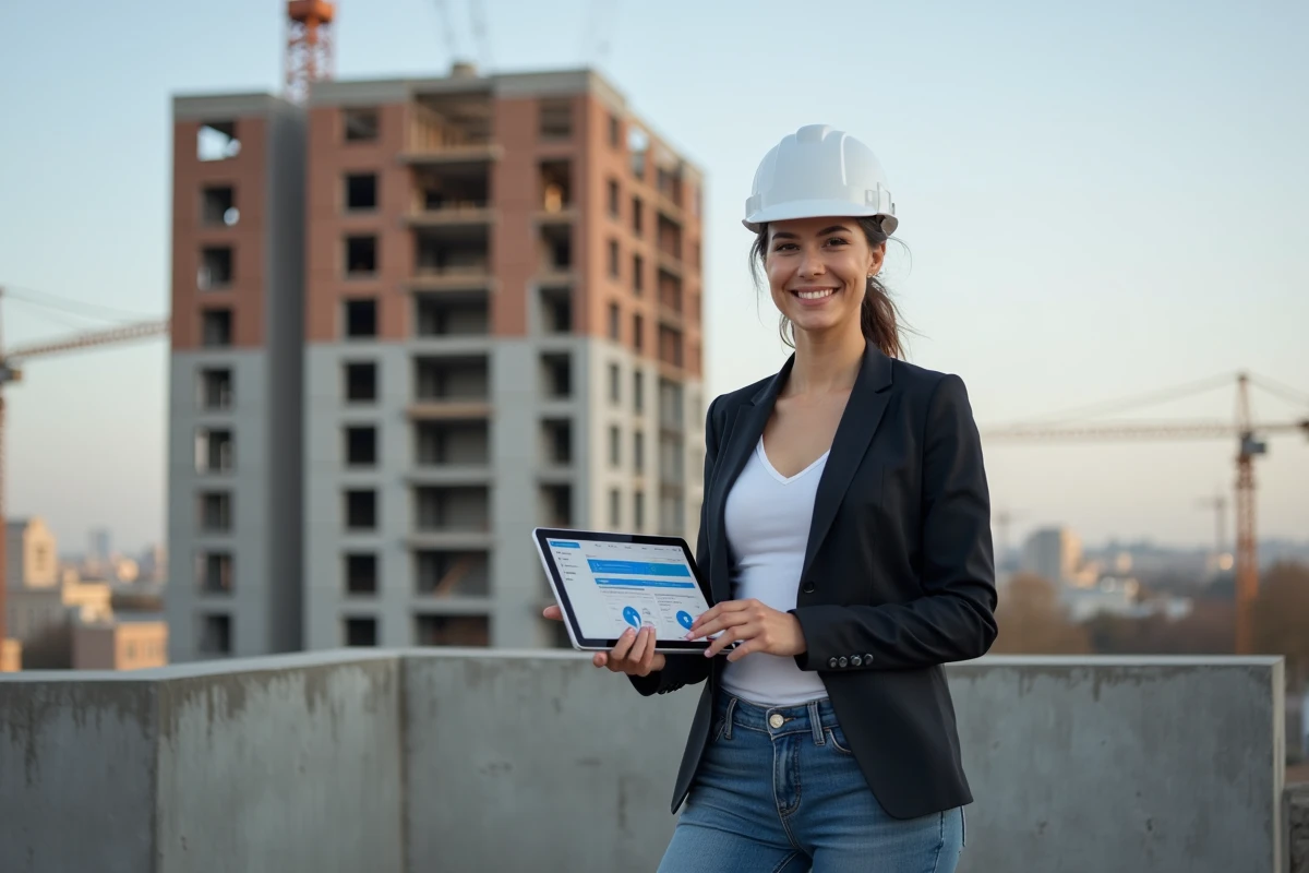 Femme sur un chantier immobilier avec tablette en main