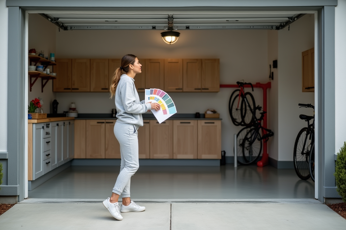 Jeune femme examinant un nuancier de peinture devant un garage