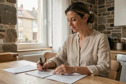 Femme consultant un contrat d'assurance habitation à la table de sa cuisine dans un appartement à Chalon-sur-Saône