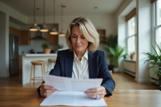Femme d affaires examine un contrat de location dans une cuisine moderne