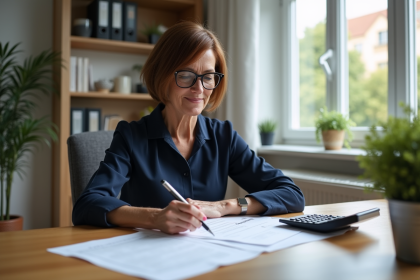 Femme d'âge moyen examine un contrat de location à la maison