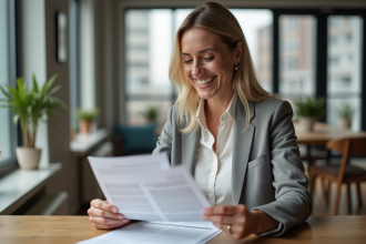 Femme professionnelle examine des contrats de location dans son appartement