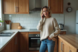Femme inquiète dans la cuisine avec dégâts d'eau