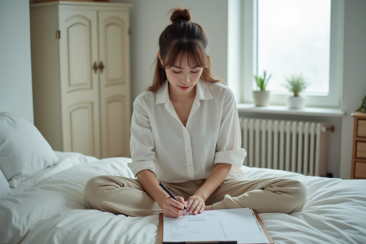 Femme remplissant une fiche de surface habitable dans une petite chambre pour une annonce immobilière