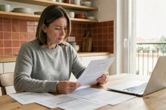 Femme consultant des documents d'assurance habitation à table dans un appartement moderne