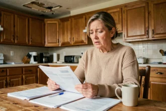 Femme consultant des documents d'assurance habitation après un sinistre à la cuisine