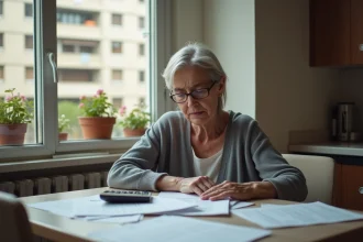 Femme inquiète examinant des documents de surloyer HLM dans sa cuisine modeste